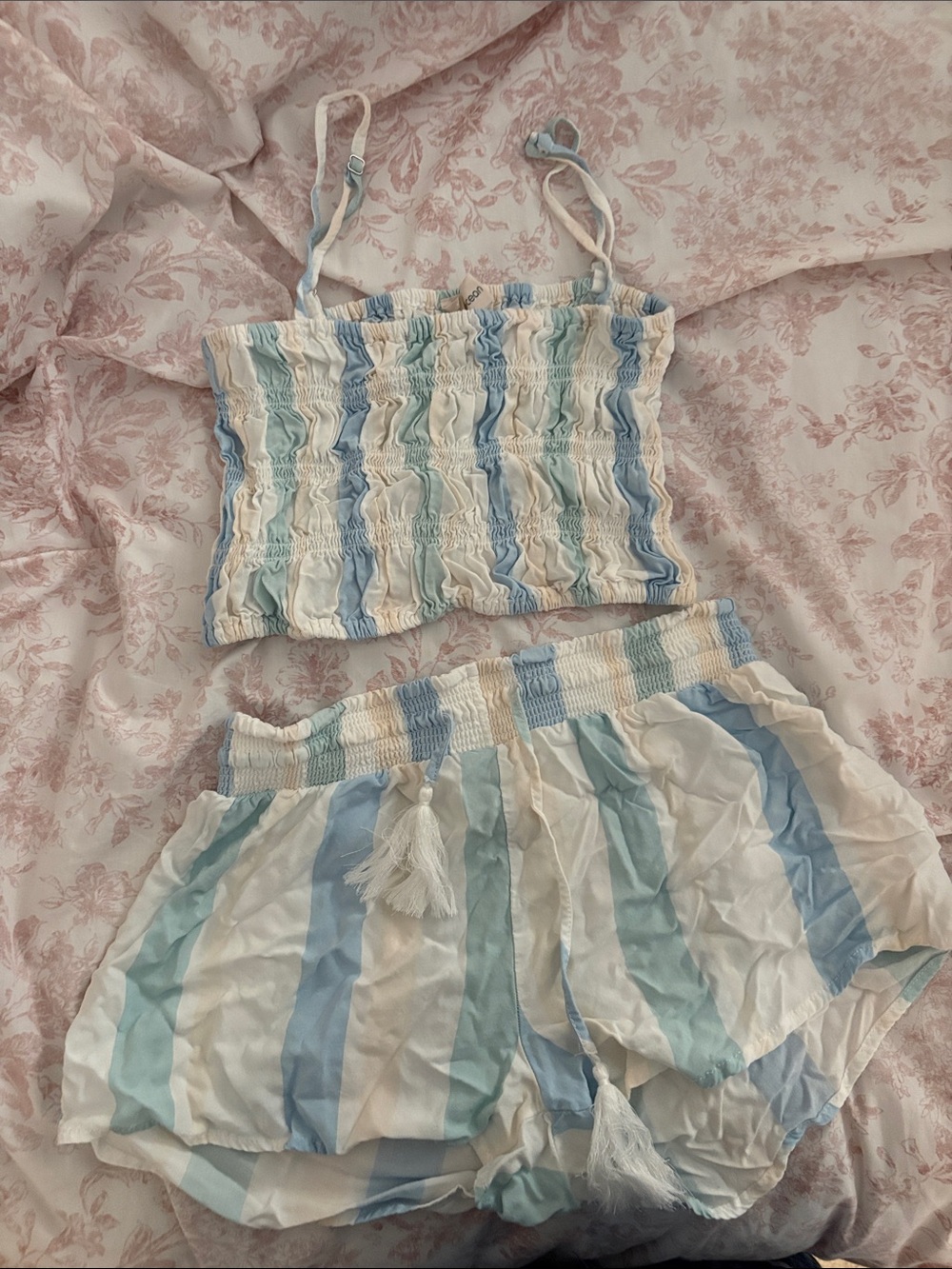 Cutie Beach Set Striped Blue & Cream Two-Piece Crop Top + Shorts Set